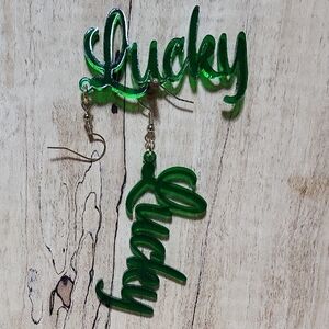 Earrings Handmade Green Acrylic LUCKY